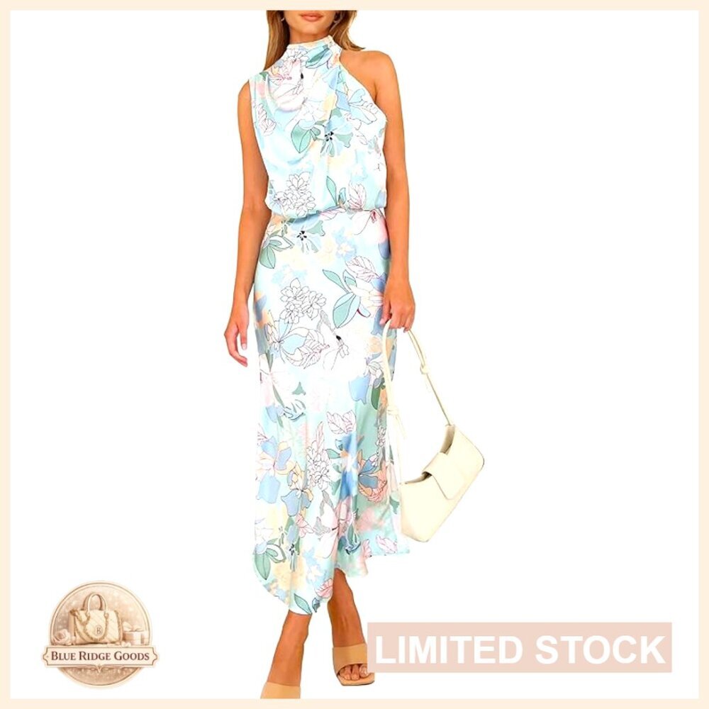 Elegant Satin Maxi Dress Sleeveless Mock Neck Formal Cocktail Party Wear